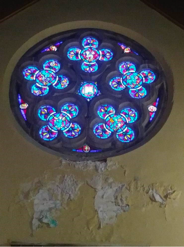 Picture of Damaged Rose Window in Sanctuary at First Lutheran Church on Giving Page